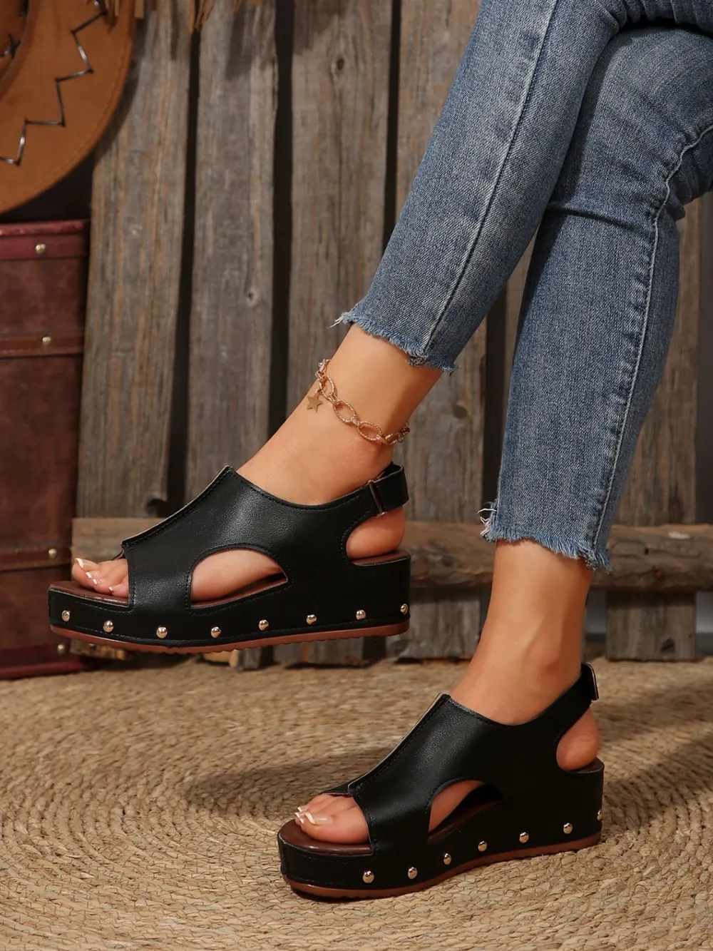 PU Leather Studded Wedge Sandals, image 2