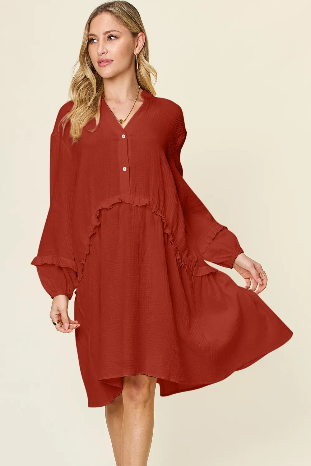 Full Size Texture Half Button Ruffle Trim Dress
