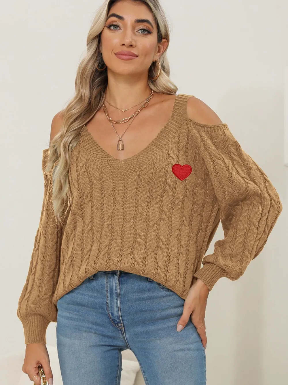 Cable-Knit Heart V-Neck Sweater, image 7
