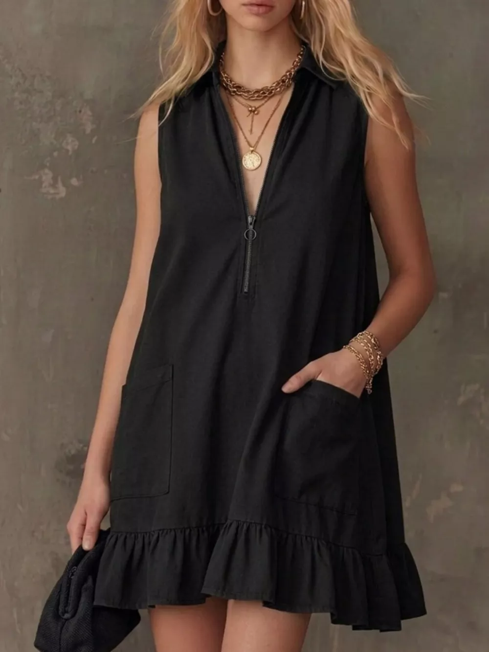 Sleeveless Collared Zip-Front Ruffle Hem Dress, image 5