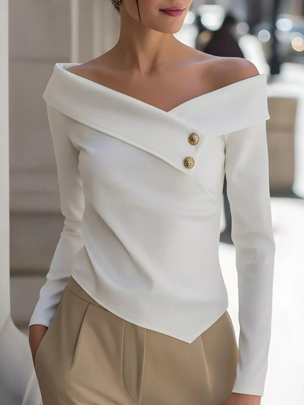 Off-Shoulder Button Detail Blouse, image 2
