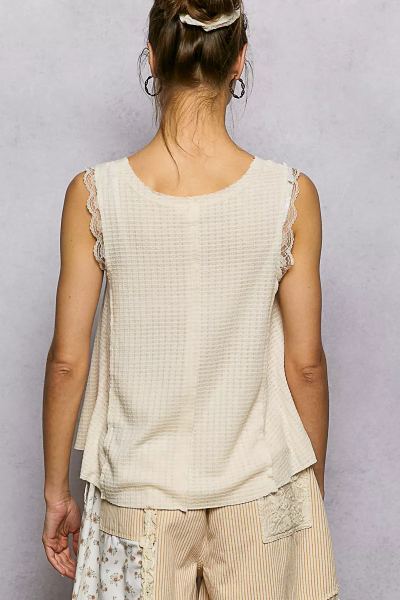 Textured Knit Round Neck Tank with Lace Detail, image 2