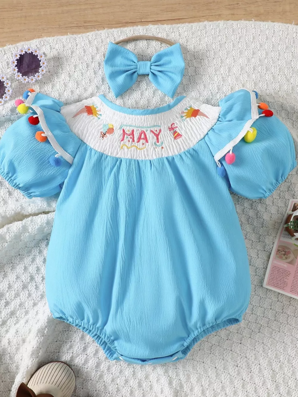 Children's Embroidered Smocked One-Piece with Headband, image 7