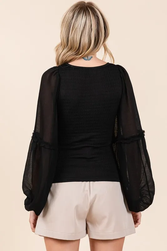 Mixed Media Textured Knit Chiffon Long Sleeve Top, image 2