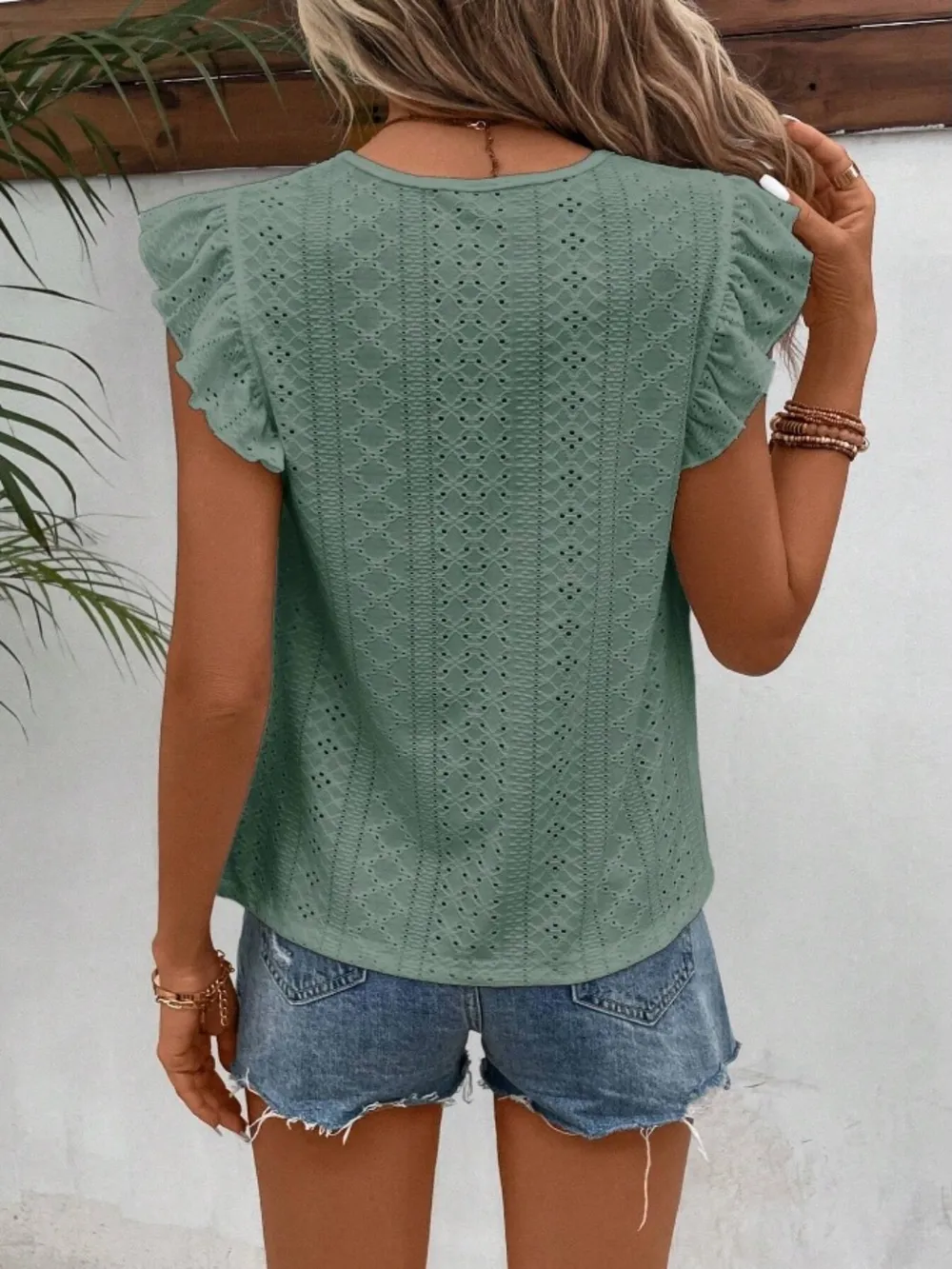 Eyelet Round Neck Cap Sleeve Top, image 4