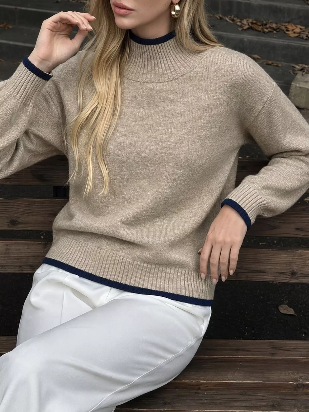 Cozy Mock Neck Sweater with Contrast Trim, image 5
