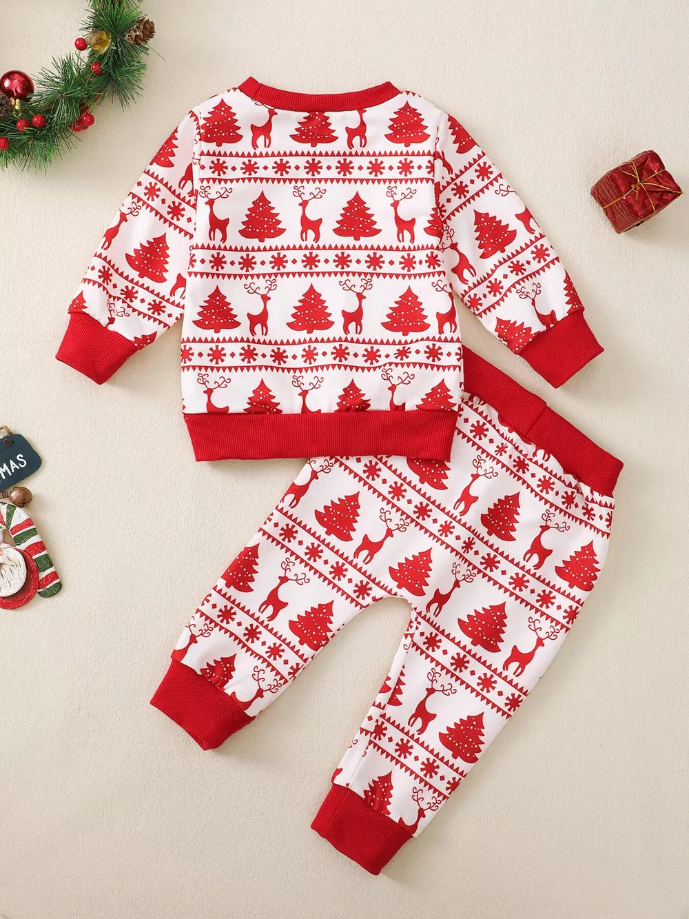 Children's Christmas Reindeer & Tree Print Top and Pants Set, image 3
