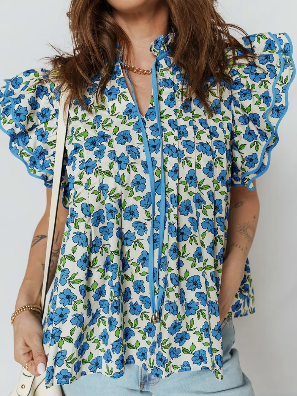 Floral Print Ruffle Sleeve Tie Neck Blouse, image 4