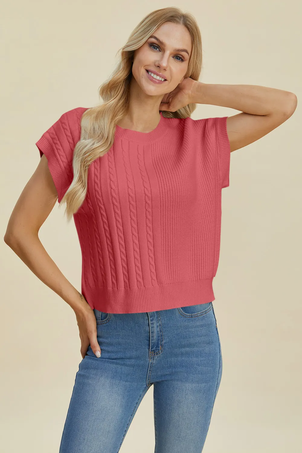 Full Size Cable-Knit Round Neck Short Sleeve Sweater, image 3
