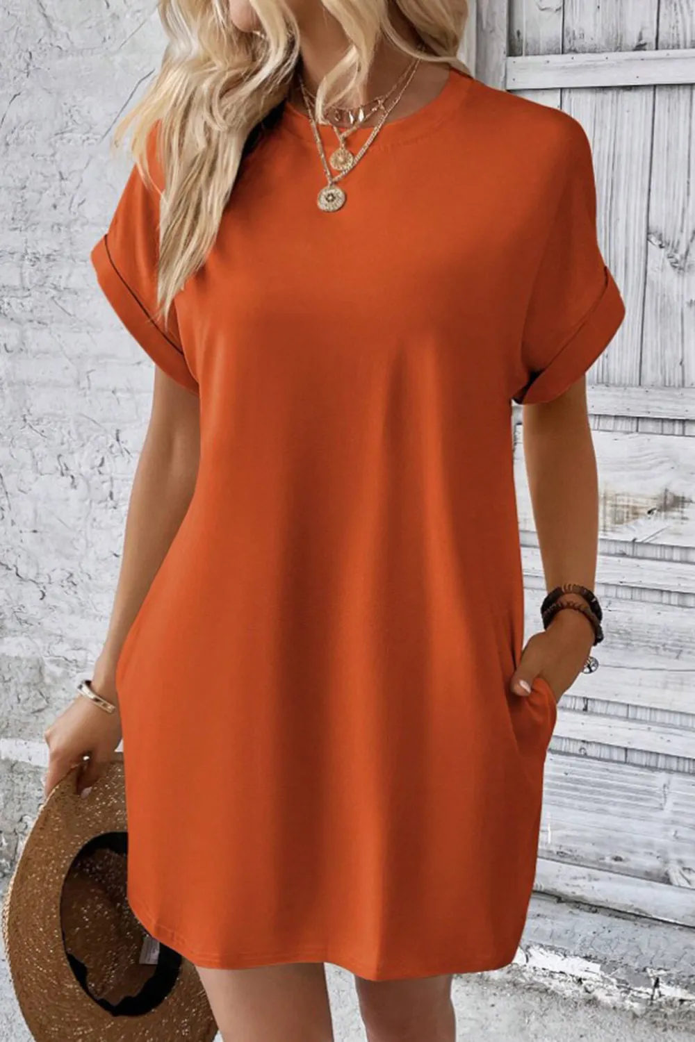 Pocketed Round Neck Short Sleeve Dress, image 15