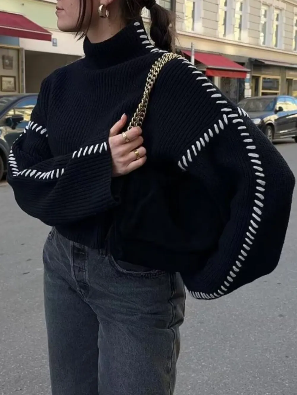 Contrast Mock Neck Long Sleeve Sweater, image 2