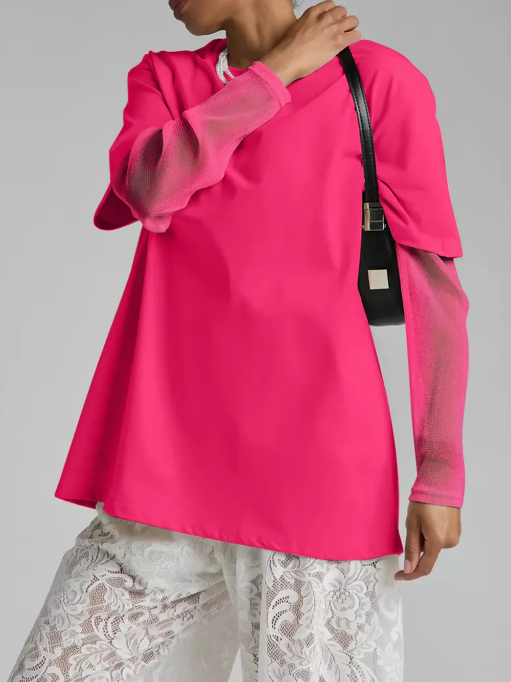 Faux Layered Round Neck Mesh Sleeve Top, image 22