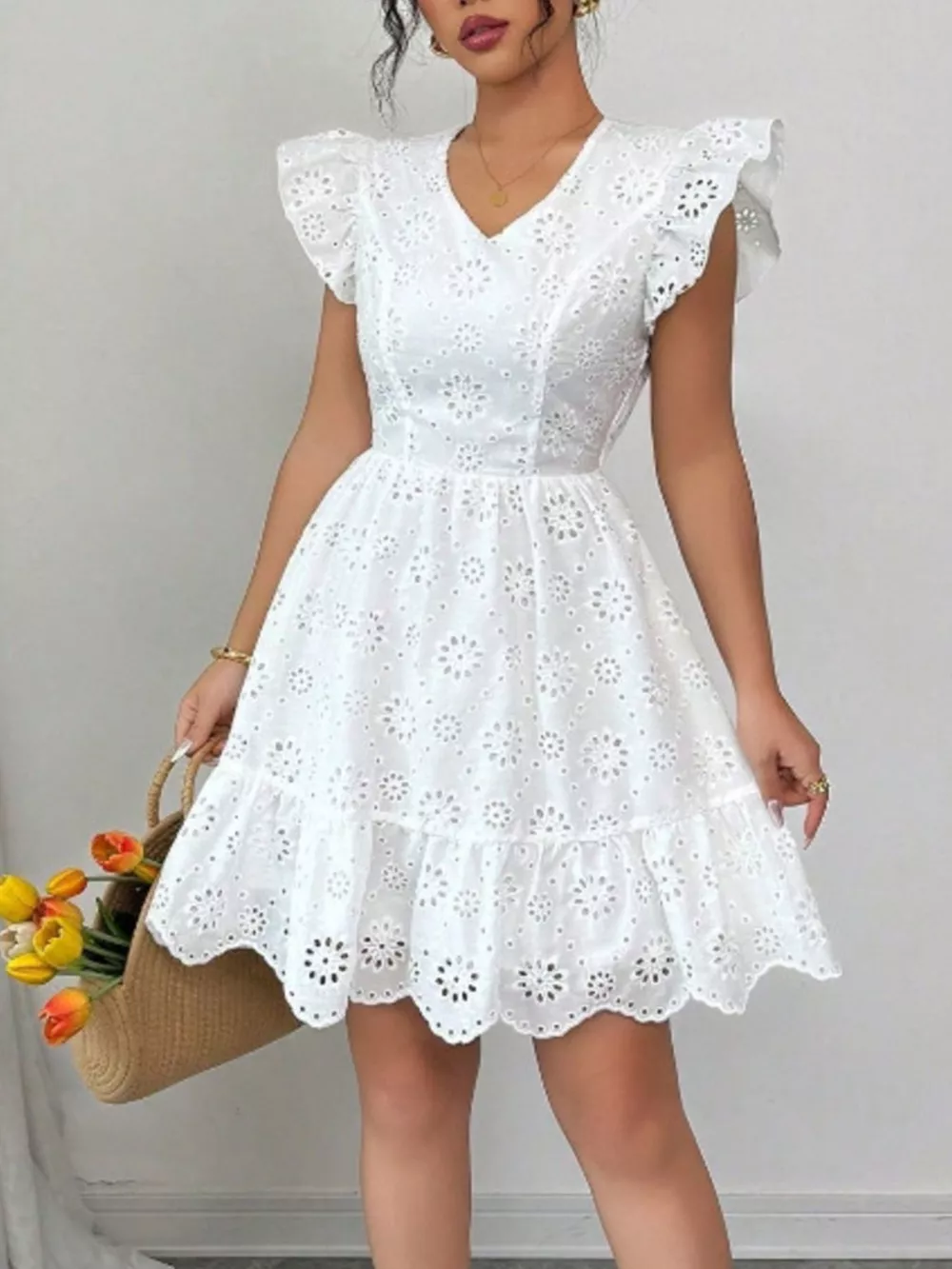 Eyelet Ruffle Sleeve Mini Dress, image 3
