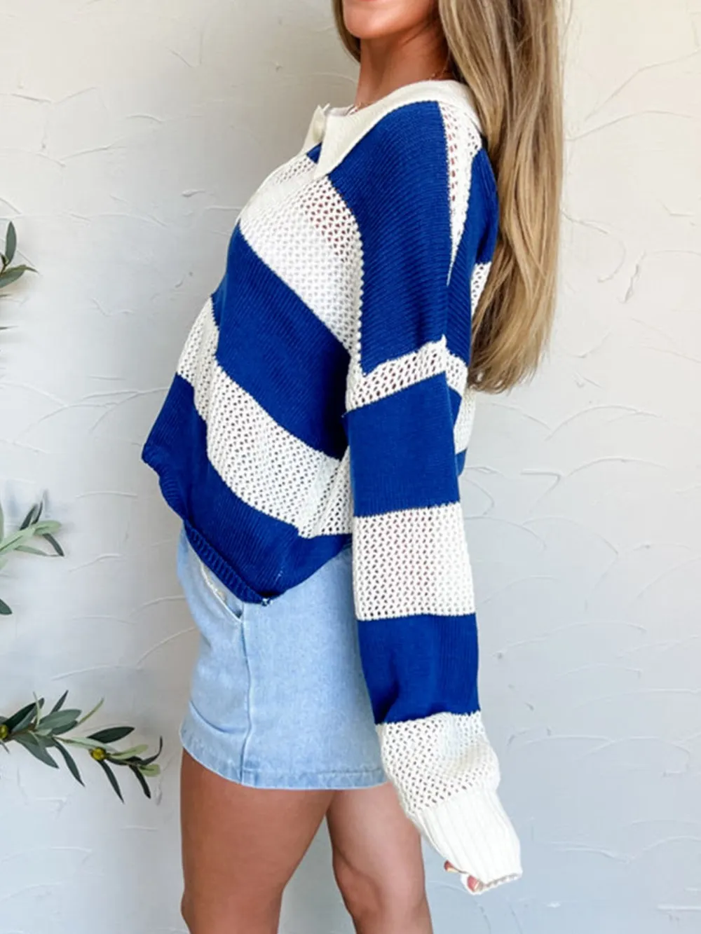 Stripe Colorblock Polo Collar Crochet Knitted Cover Up, image 3
