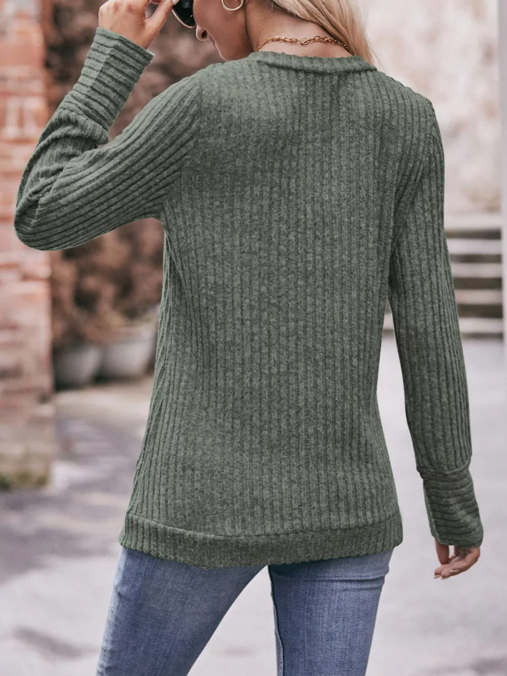 V-Neck Ribbed Knit Long Sleeve T-Shirt, image 8