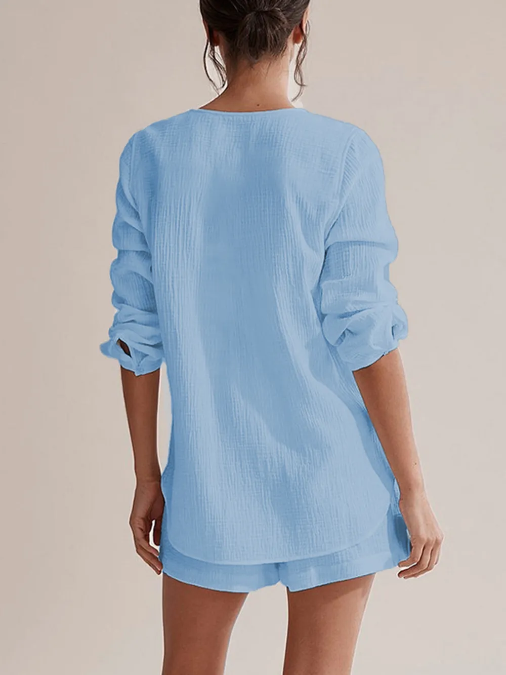 Notched Long Sleeve Top and Shorts Set, image 3