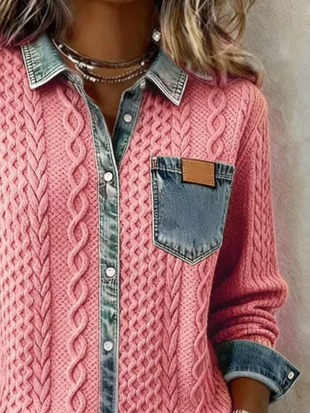 Denim Trim Cable Knit Cardigan, image 2