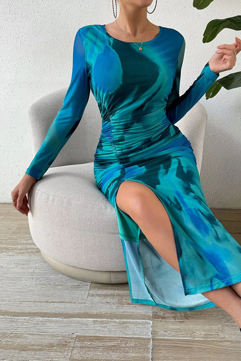 Ruched Tie-Dye Midi Dress with High Slit, image 5