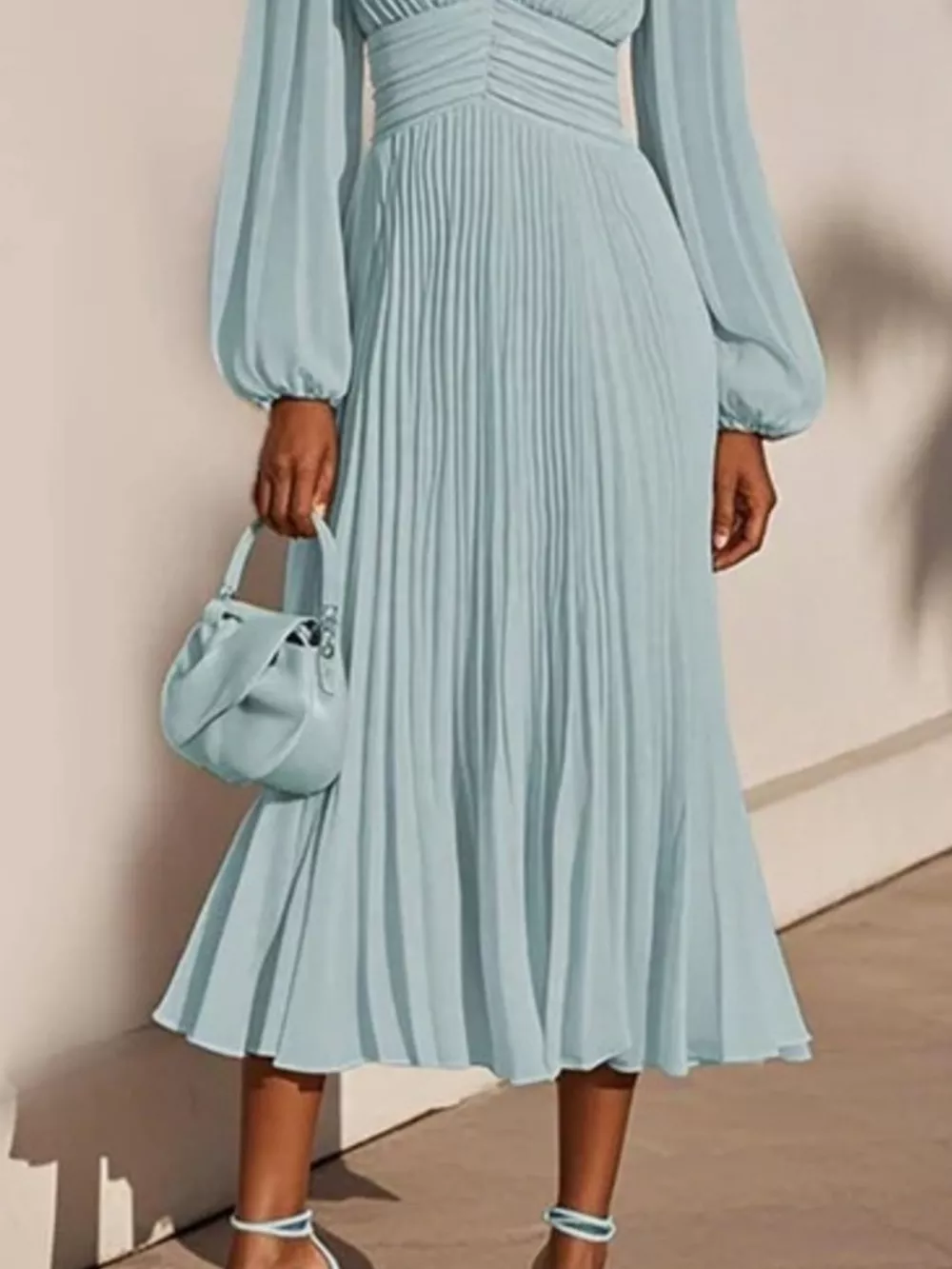 Pleated V-Neck Chiffon Midi Dress, image 3