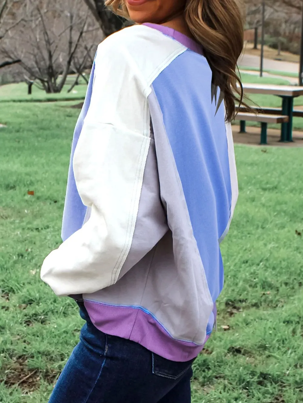 Exposed Seam Colorblock Patchwork Ribbed Trim Sweatshirt, image 2