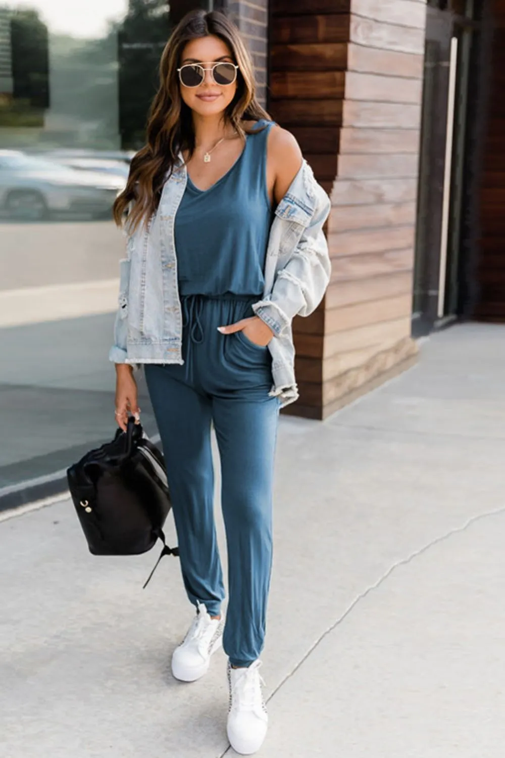 Drawstring Round Neck Sleeveless Jumpsuit, image 3