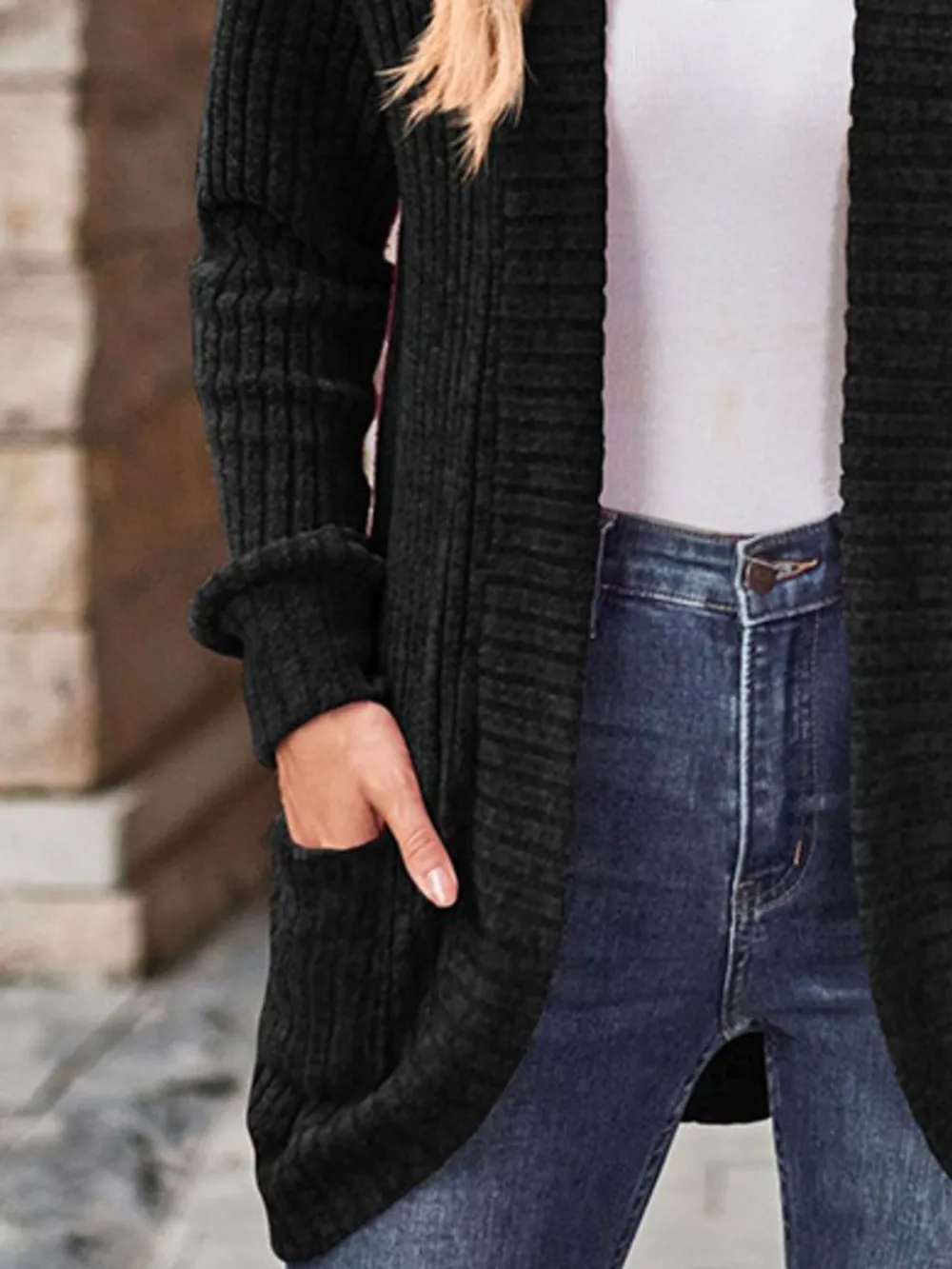 Ribbed Knit Open Front Cardigan with Pockets, image 3