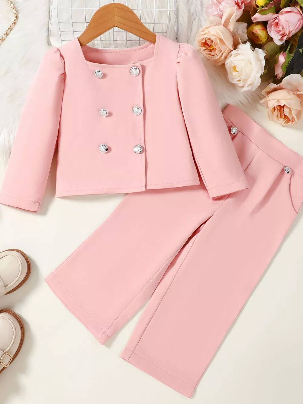 Children's Double-Breasted Blazer & Wide Leg Pants Set, image 2