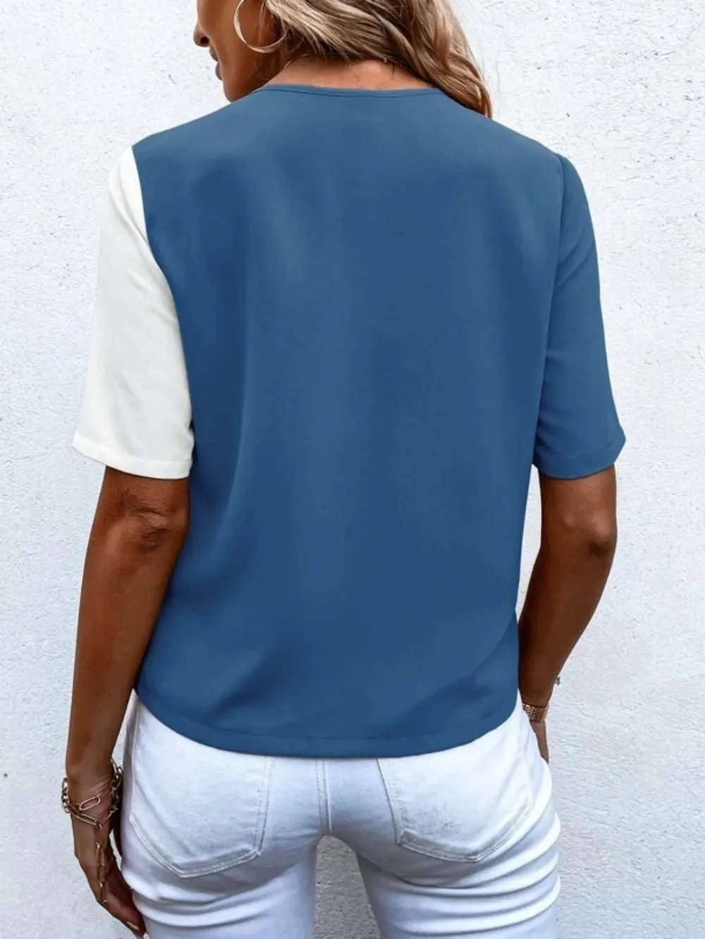 Decorative Button Surplice Short Sleeve Blouse, image 14