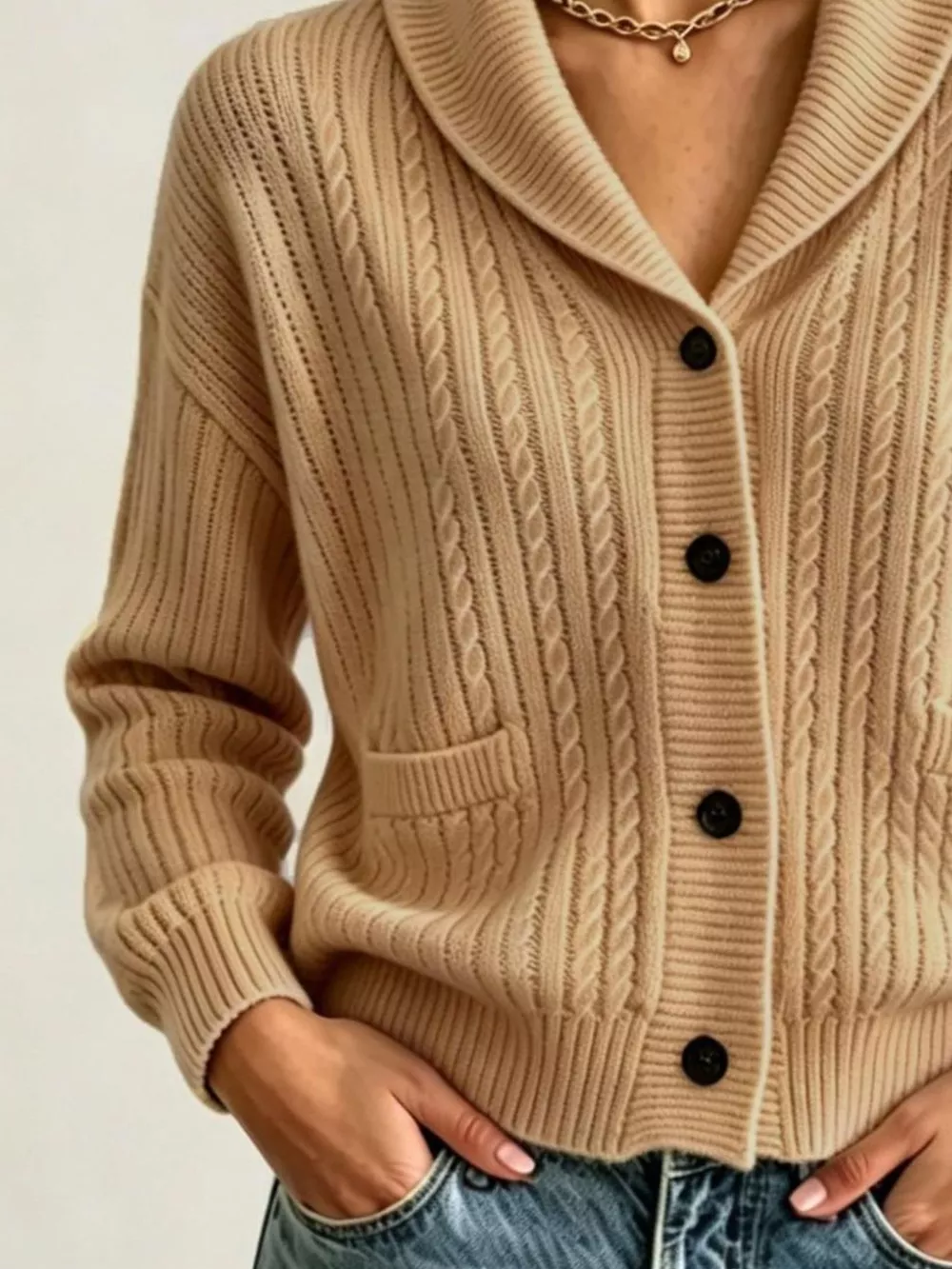 Full Size Shawl Collar Cable Knit Cardigan Plus Size, image 2