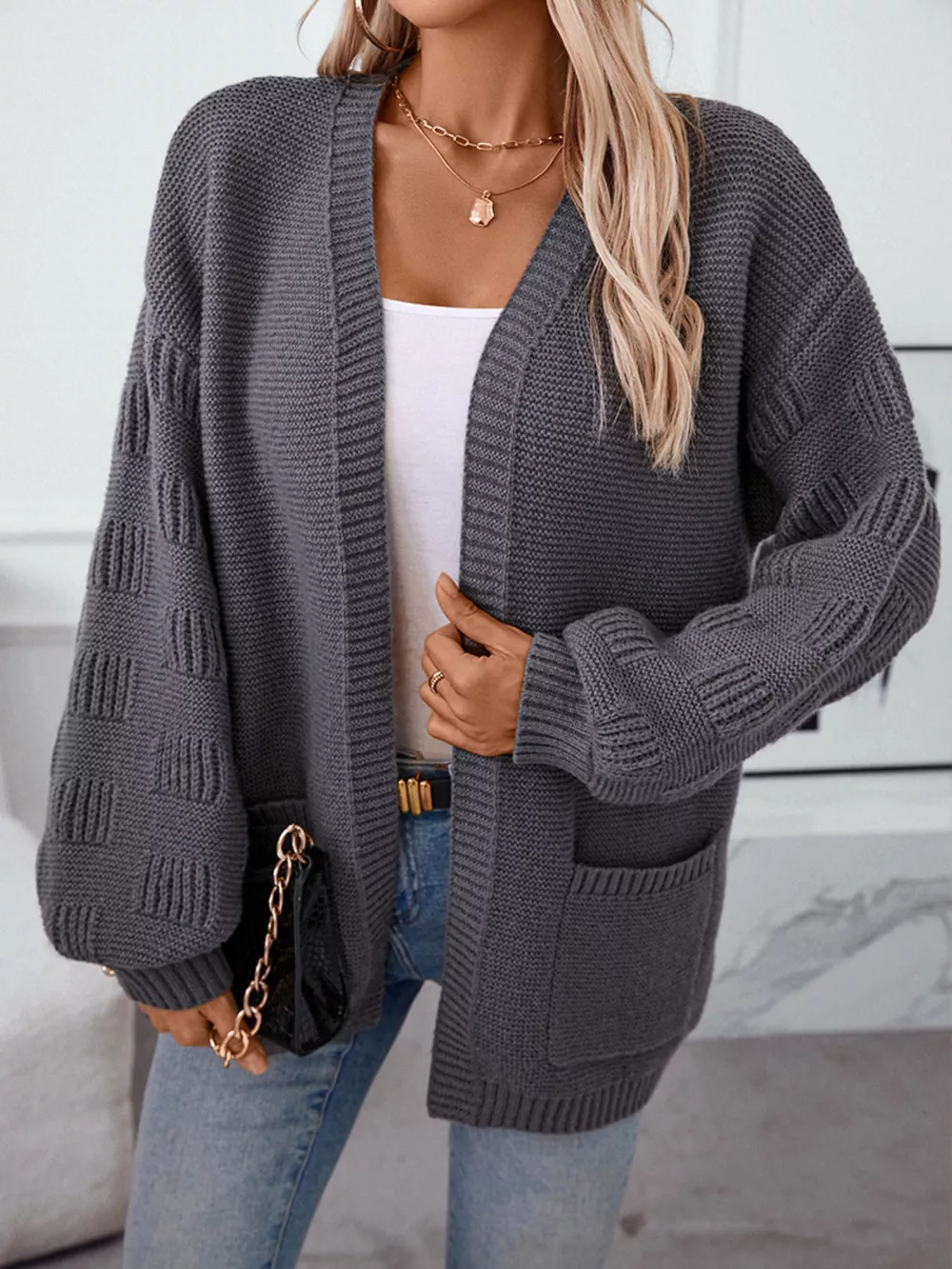 Textured Knit Open Front Cardigan, image 2