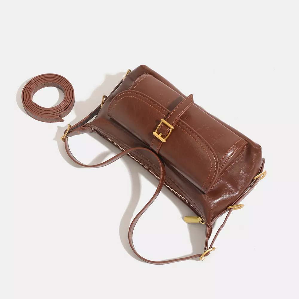 Vintage PU Leather Shoulder Bag with Buckle Detail, image 4