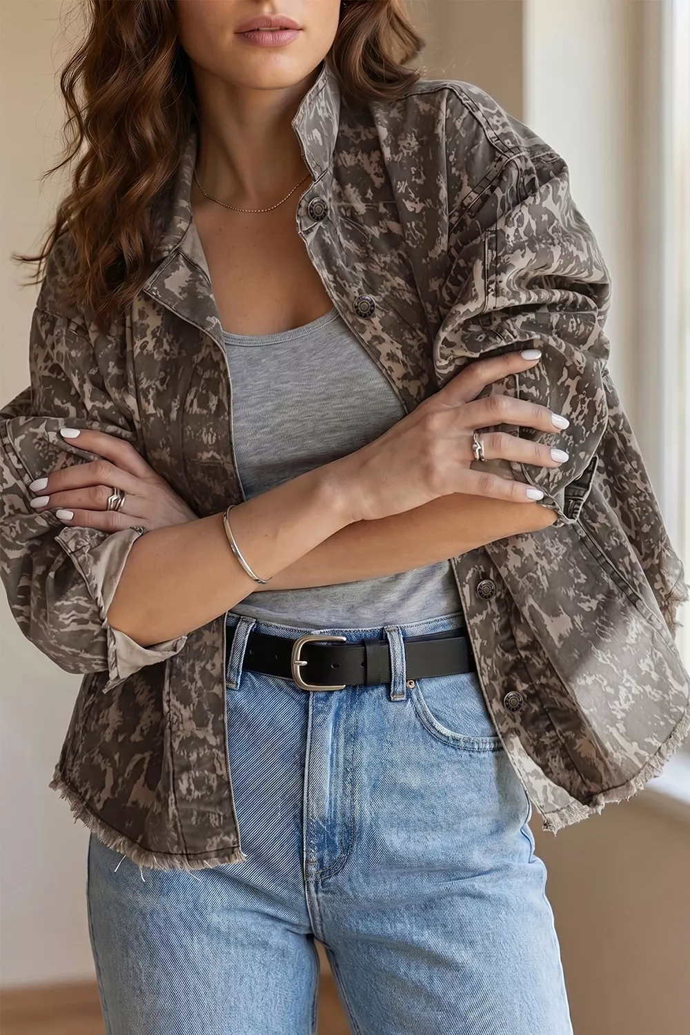 Abstract Print Long Sleeve Collar Raw Hem Denim Jacket, image 2