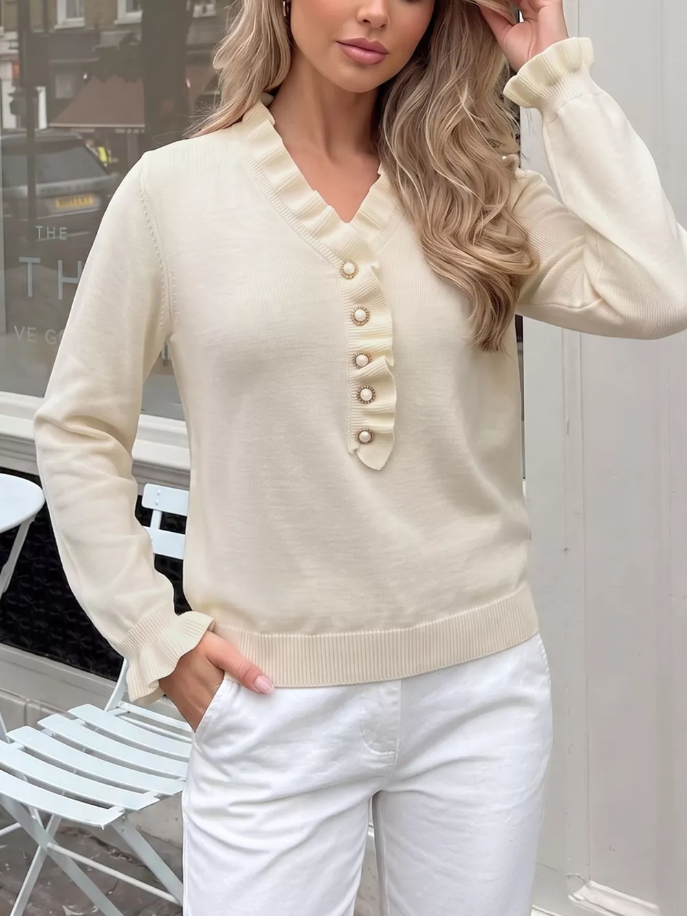 Ruffle Trim Pearl Button V-Neck Knit Top, image 6