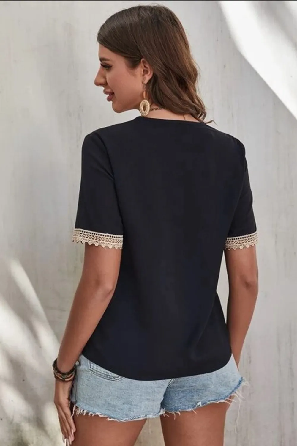 Full Size Lace Detail V-Neck Short Sleeve Blouse Plus Size, image 2