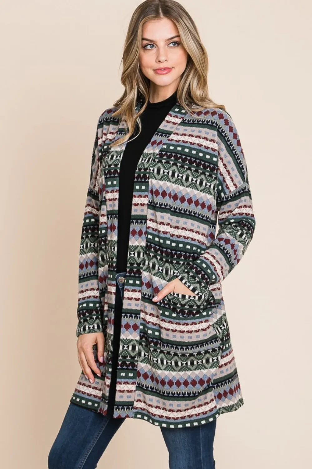 Geometric Open Front Long Sleeve Cardigan with Pockets, image 2
