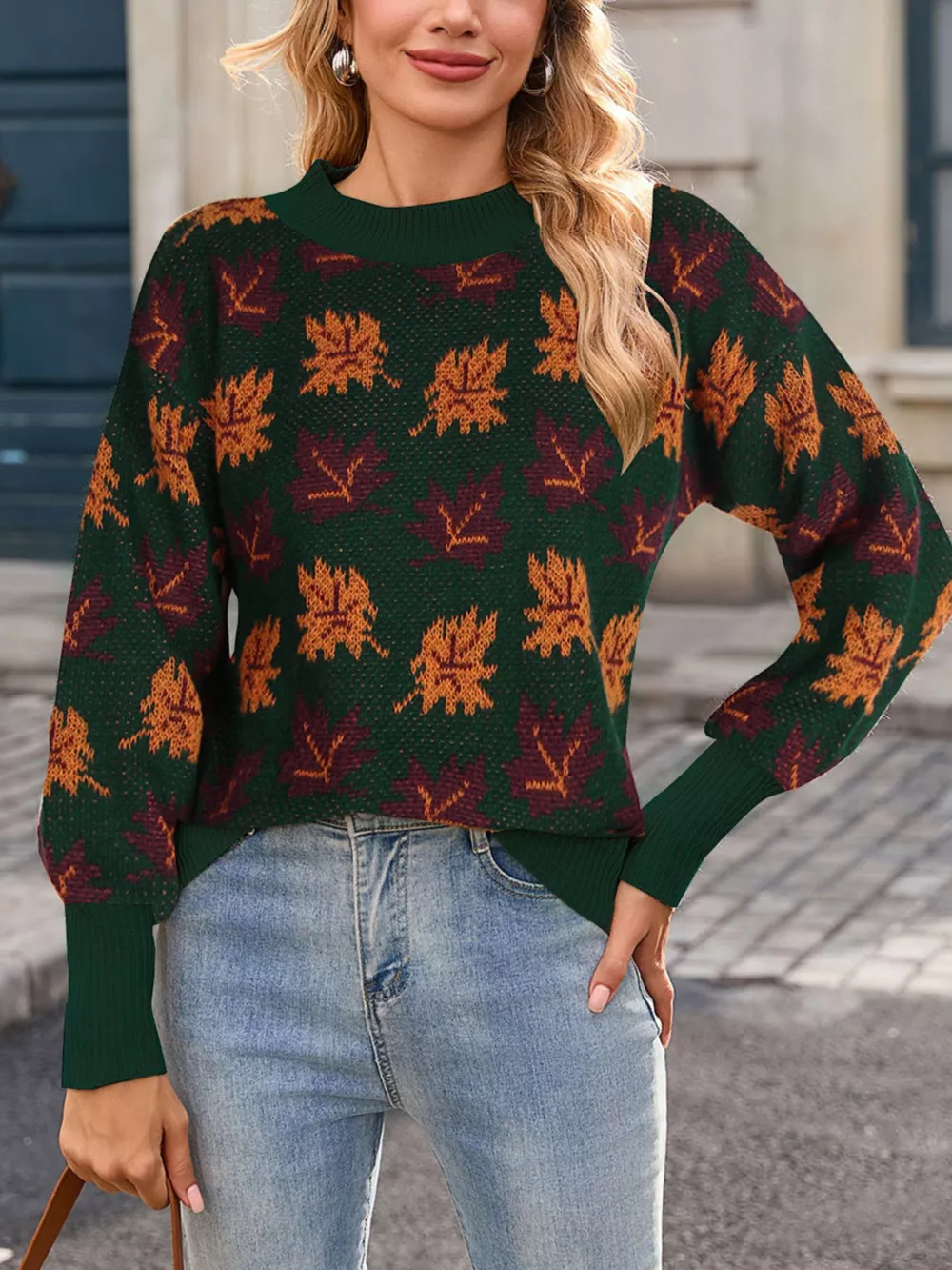 Autumn Leaf Pattern Mock Neck Sweater, image 8