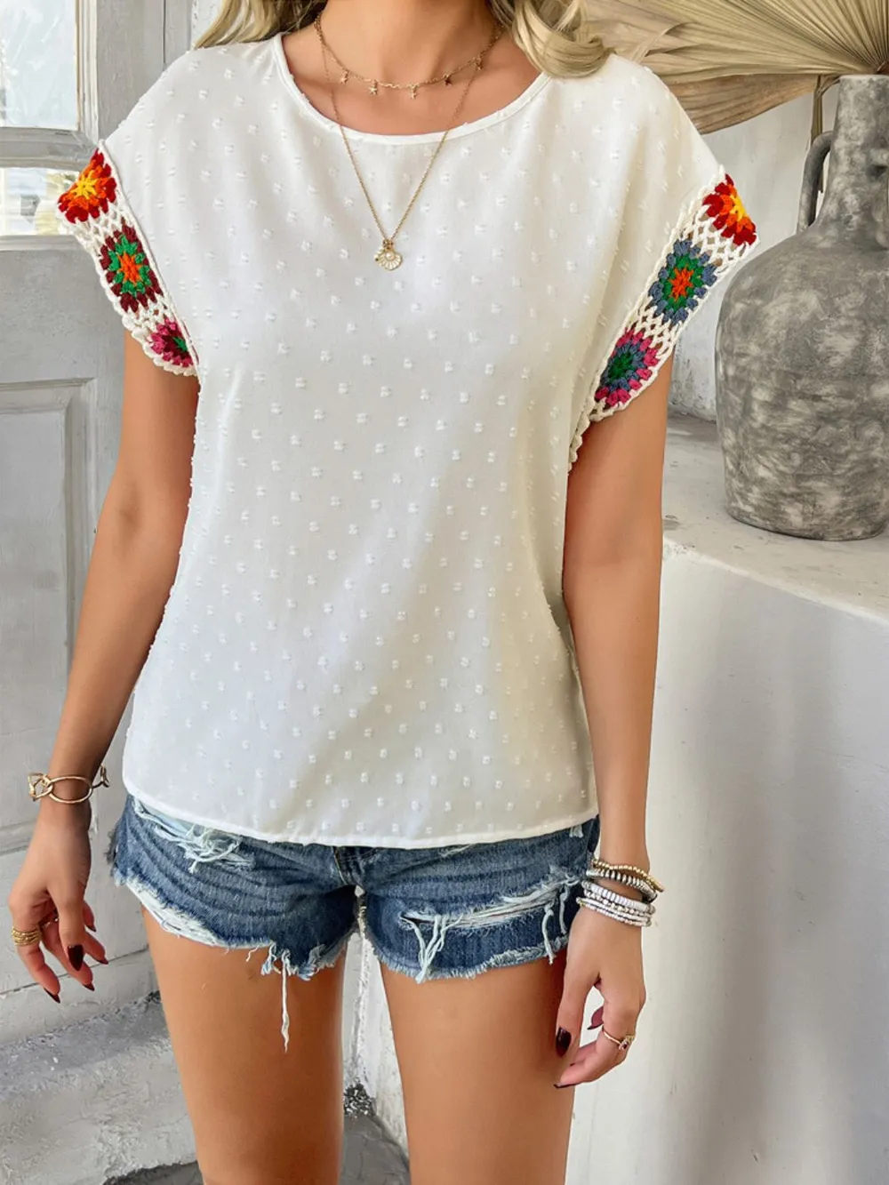 Swiss Dot Round Neck Crochet Short Sleeve Top, image 5