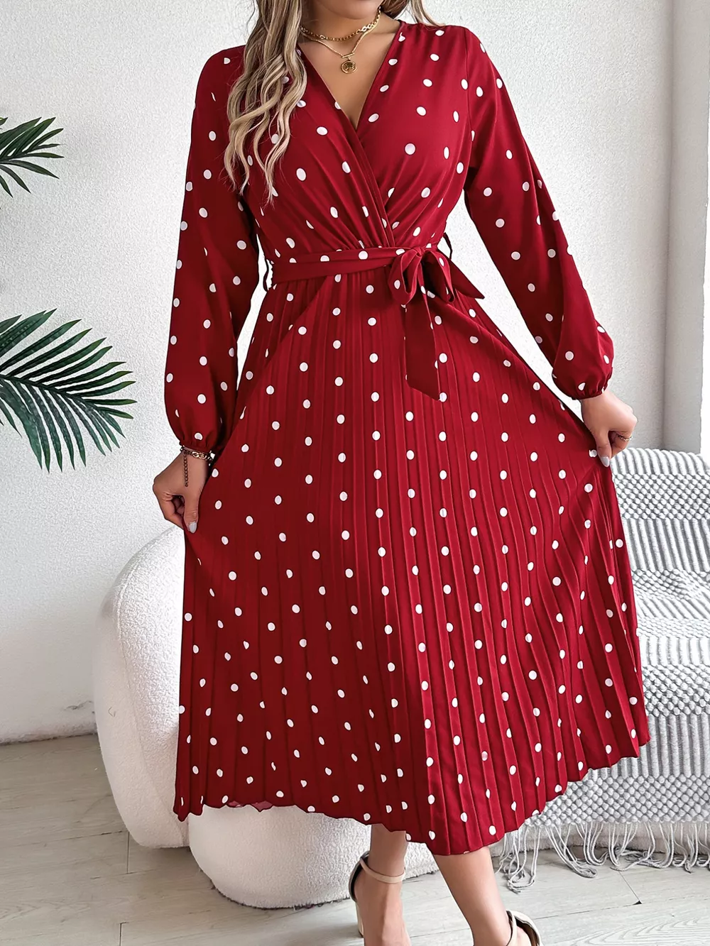 Front Tie Polka Dot Midi Pleated Dress, image 4