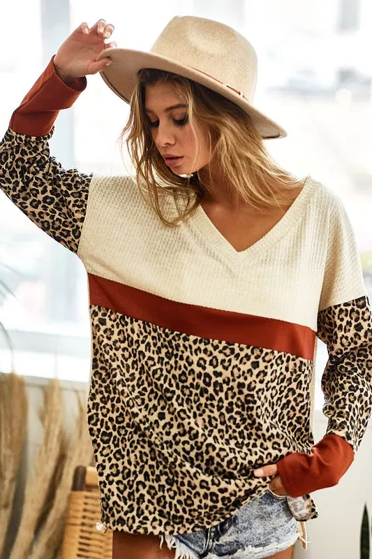 Waffle Knit Leopard Color Block V-Neck Top, image 2