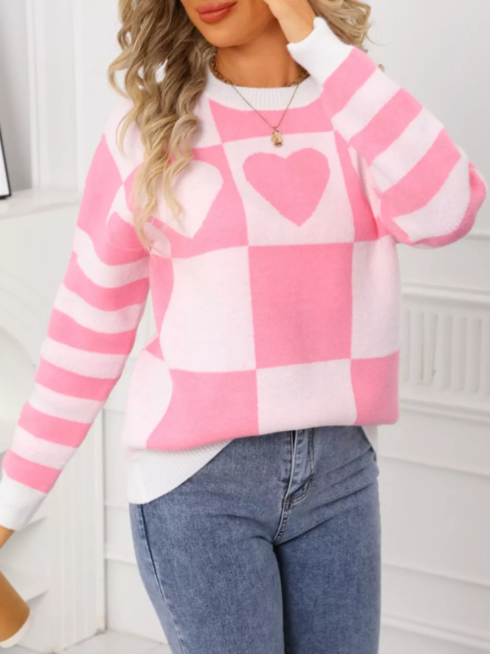 Heart Pattern Checkerboard Knit Sweater, image 10
