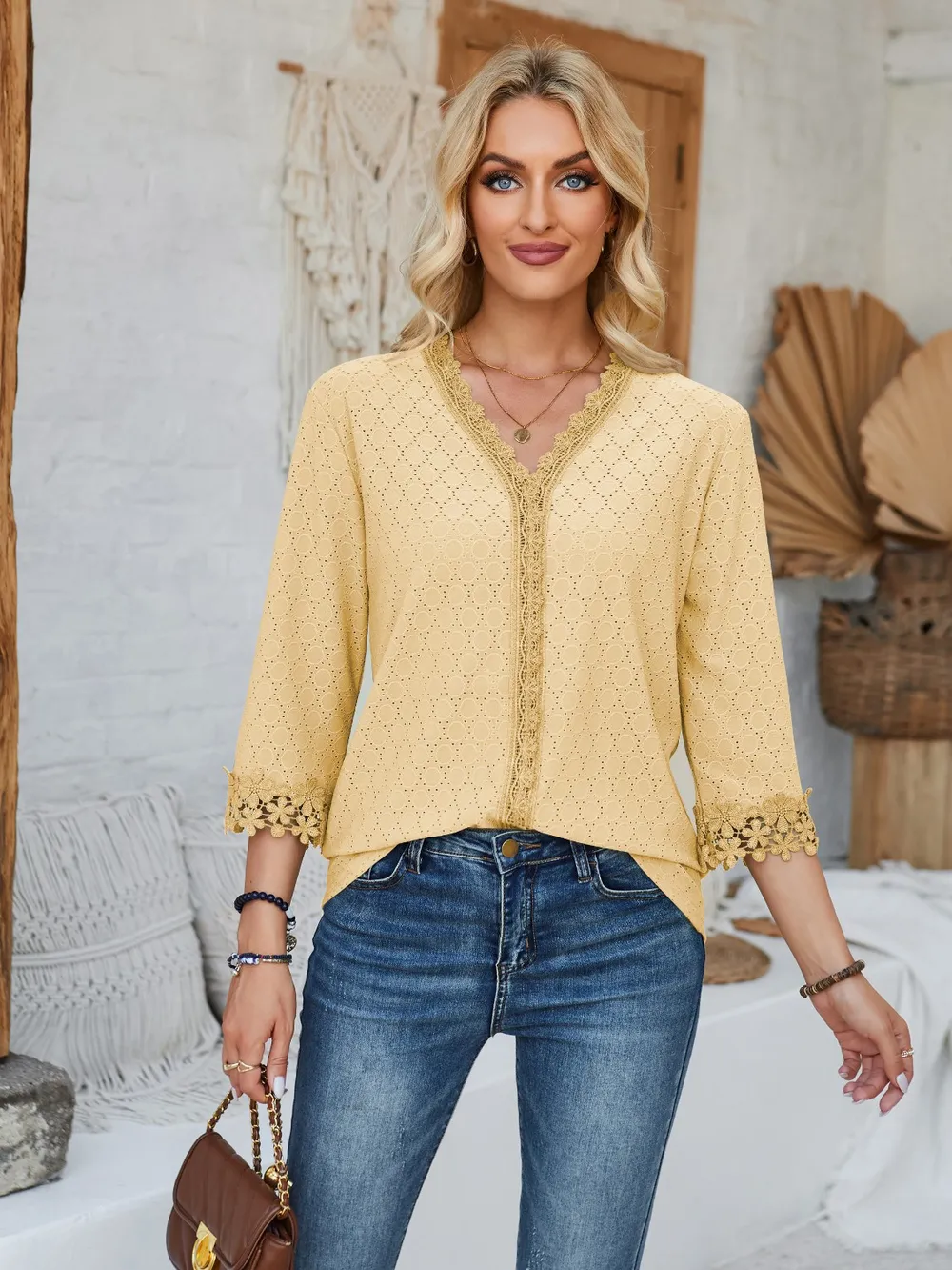 Lace Detail V-Neck Three-Quarter Sleeve Blouse, image 27