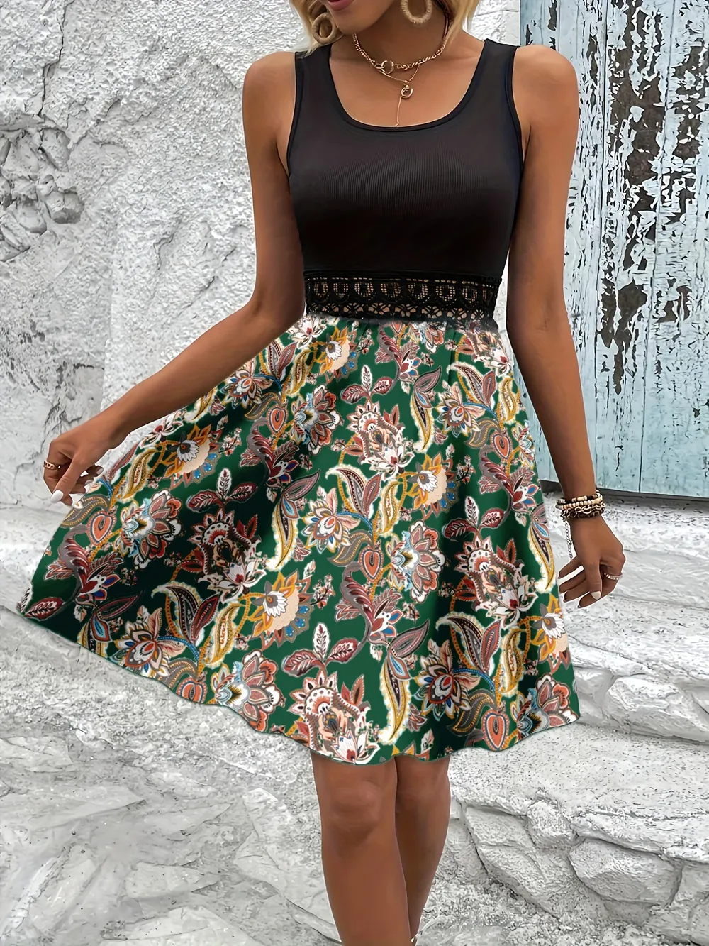 Printed A-Line Tank Dress with Lace Waist Detail, image 7