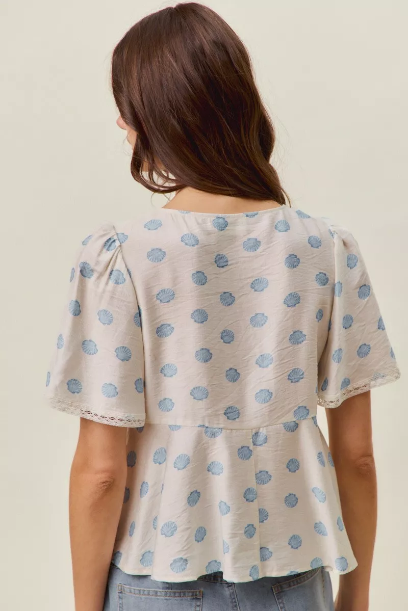 Shell Print Tie Front Flutter Sleeves Blouse Top, image 3