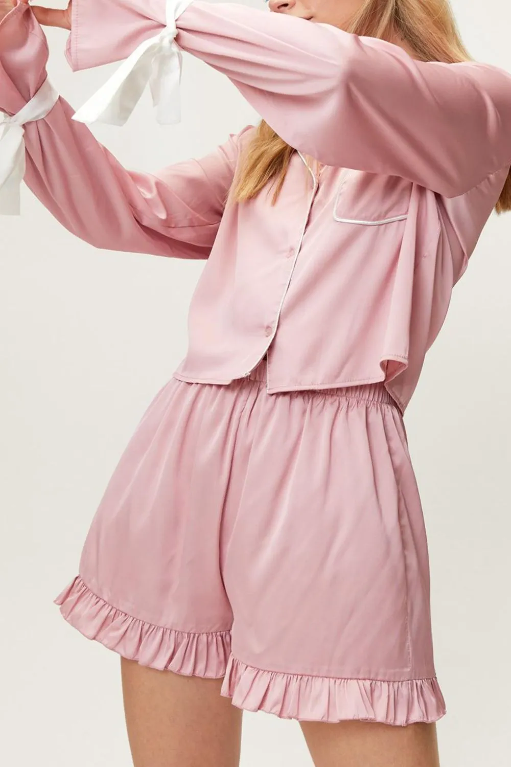 Tied Cuff Collared Neck Top and Frill Shorts Lounge Set, image 6