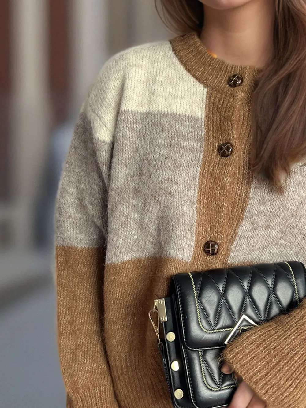 Color Block Round Neck Button Up Cardigan, image 9