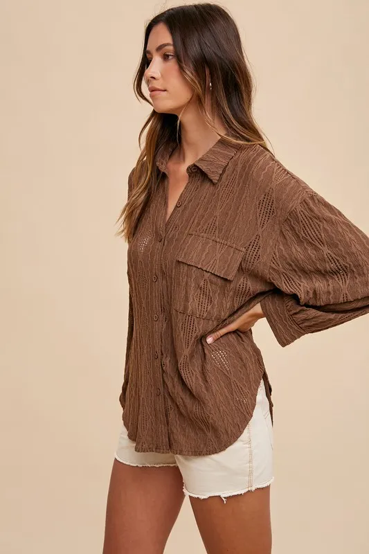 Openwork Button Down Drop Shoulder Shirt, image 2