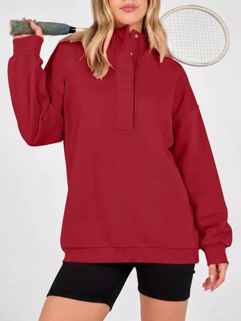 Half Snap Dropped Shoulder Hoodie, image 13