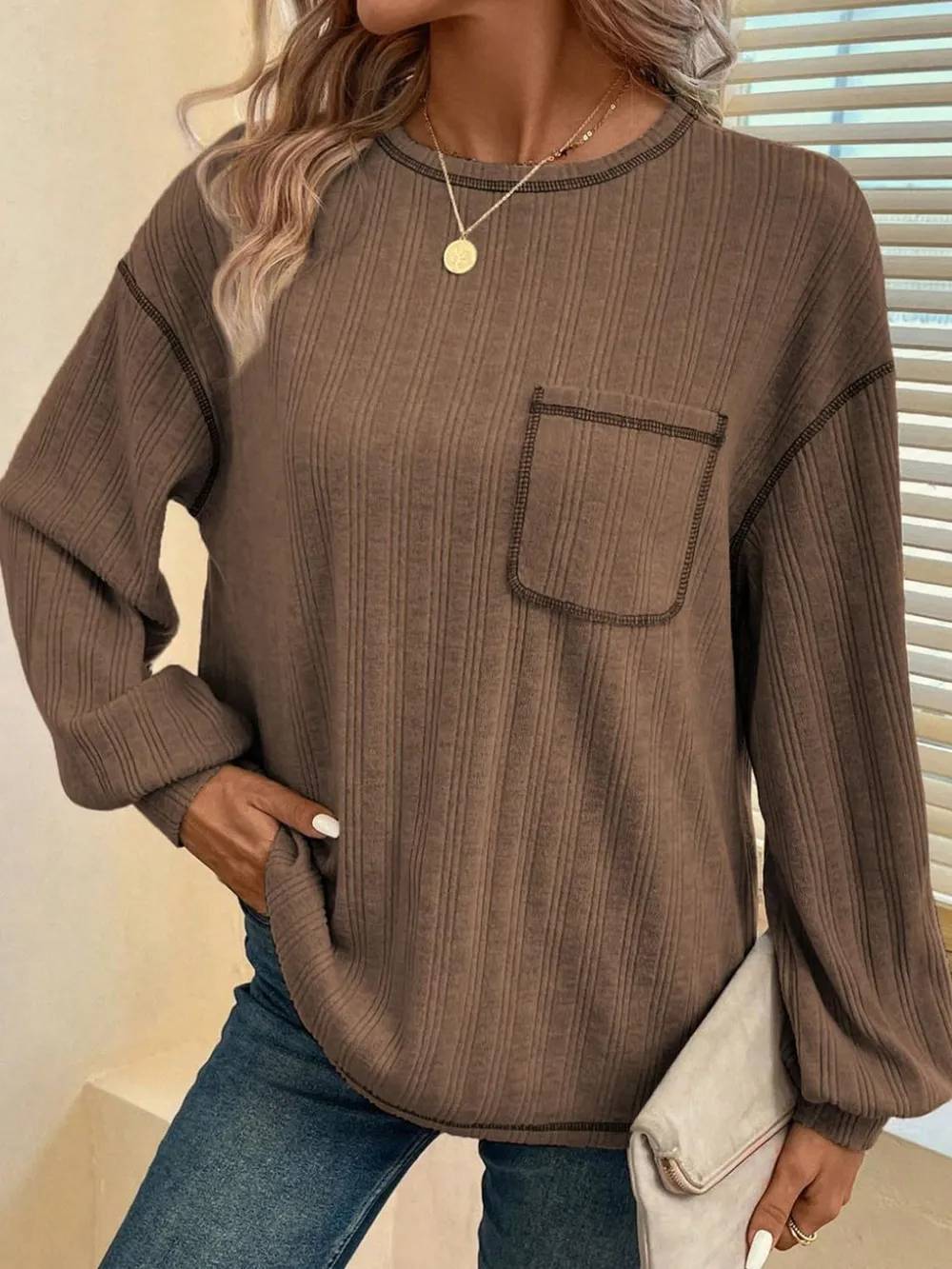 Contrast Stitching Round Neck Long Sleeve T-Shirt, image 5