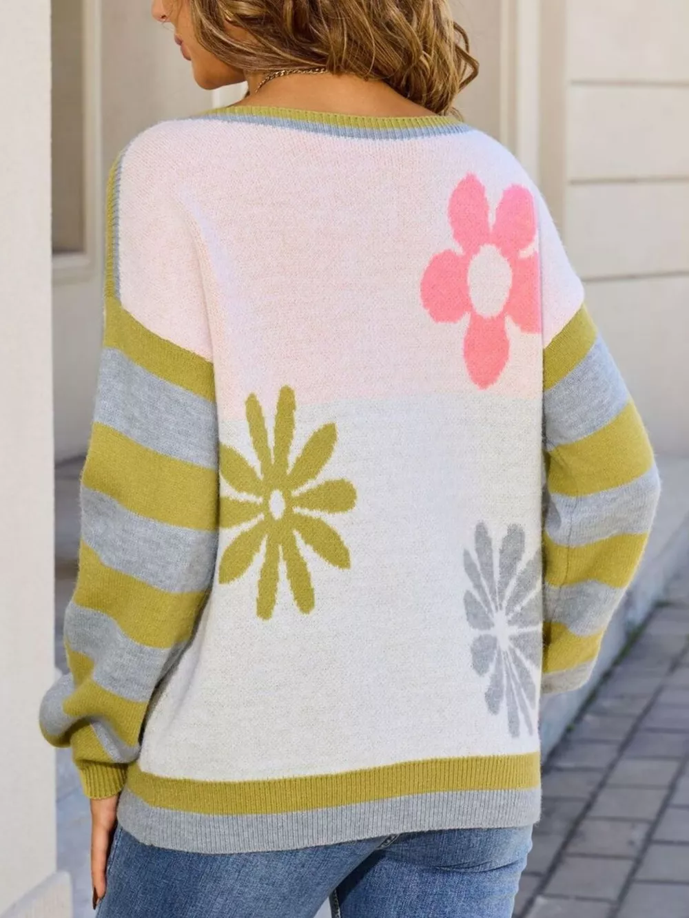 Floral Striped Sleeve Round Neck Sweater, image 18