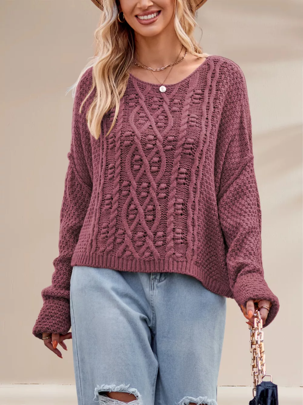 Textured Knit Round Neck Sweater, image 3